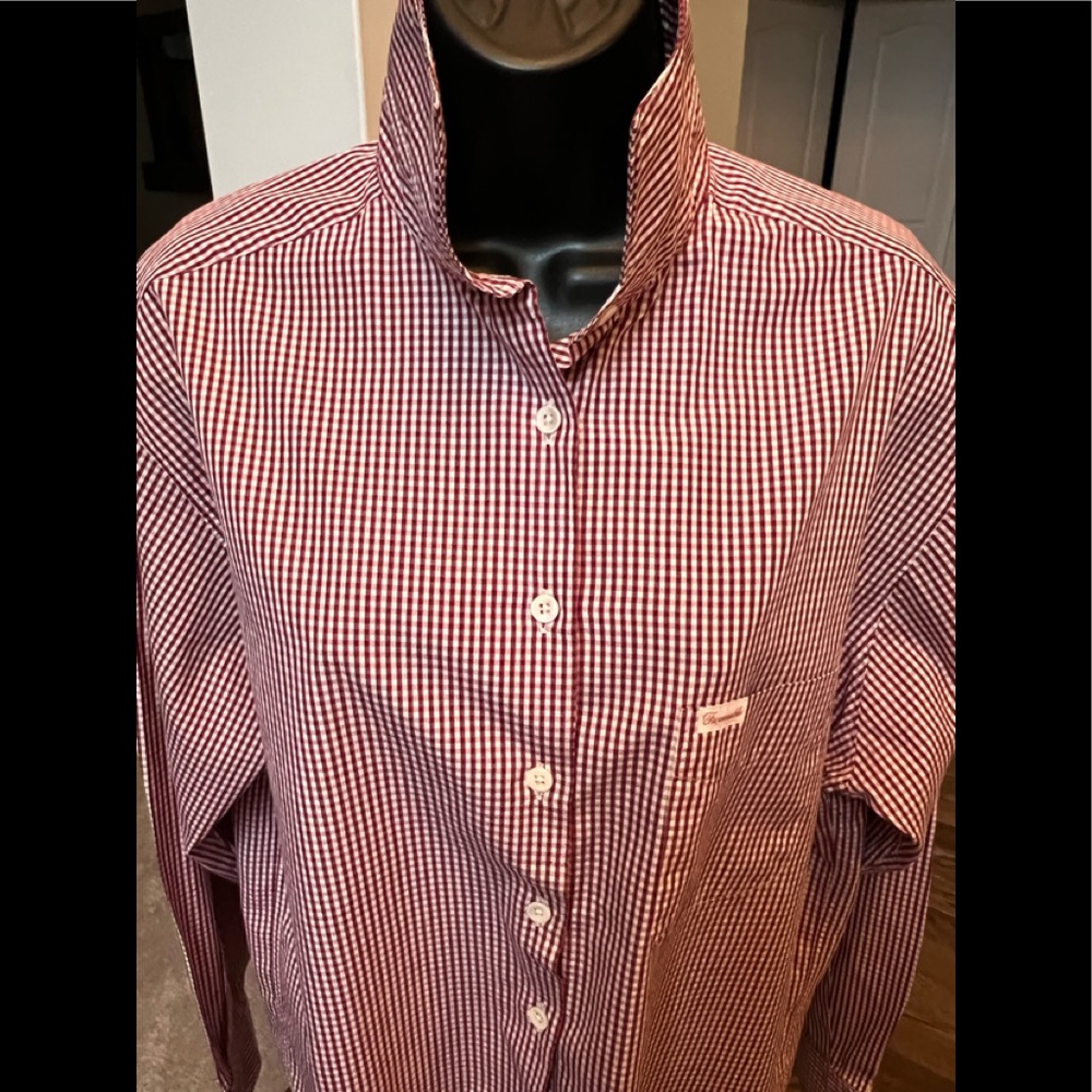 Women's Burgundy and White Checked Dress Shirt by Faconnable